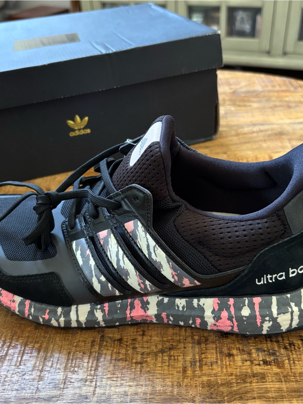 Adidas Women’s Black Sneakers With Pink And White Camouflage Midsole